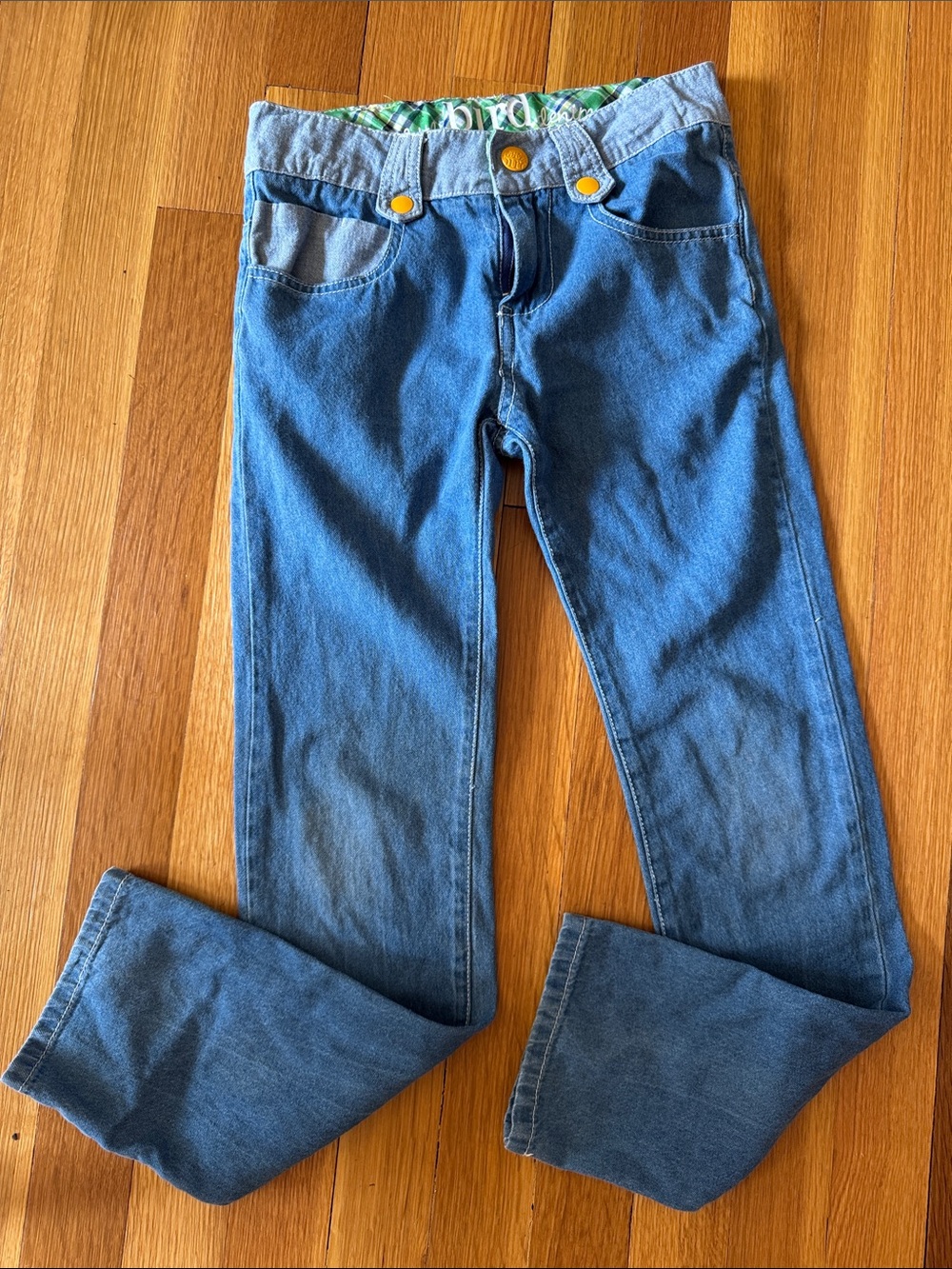 Little Bird Classic Straight-Leg Girls Jeans in Blue with Rainbow Accents